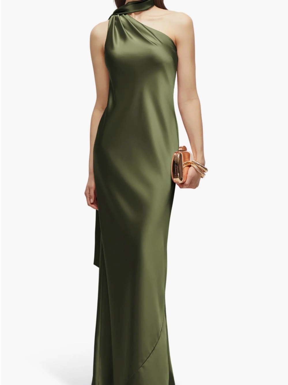 After Six Olive Green One-Shoulder Satin Gown